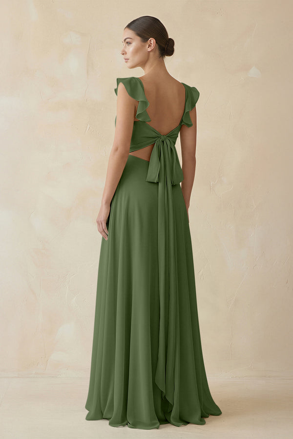Ruffled Chiffon A-Line Long Bridesmaid Dress in Moss (2) | KISSBRIDAL