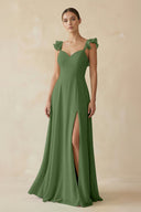 Ruffled Chiffon A - Line Long Bridesmaid Dress in Moss - SHE IS ME