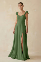 Ruffled Chiffon A - Line Long Bridesmaid Dress in Moss - KISS BRIDAL
