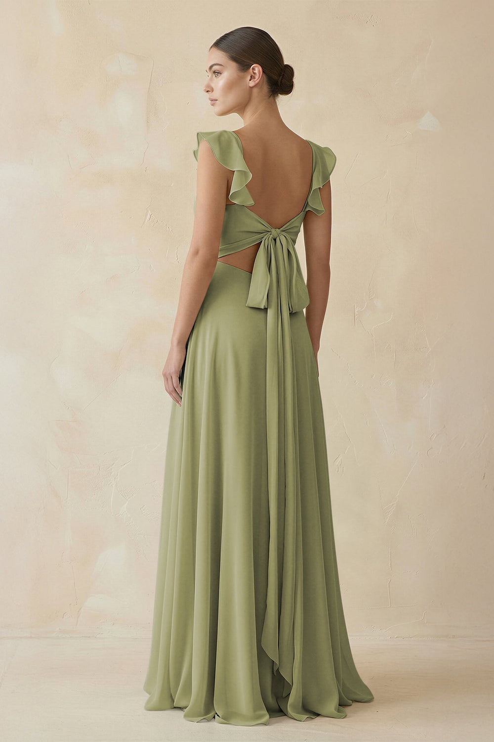 Ruffled Chiffon A - Line Long Bridesmaid Dress in Moss Green - SHE IS ME