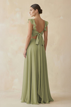 Ruffled Chiffon A - Line Long Bridesmaid Dress in Moss Green - SHE IS ME