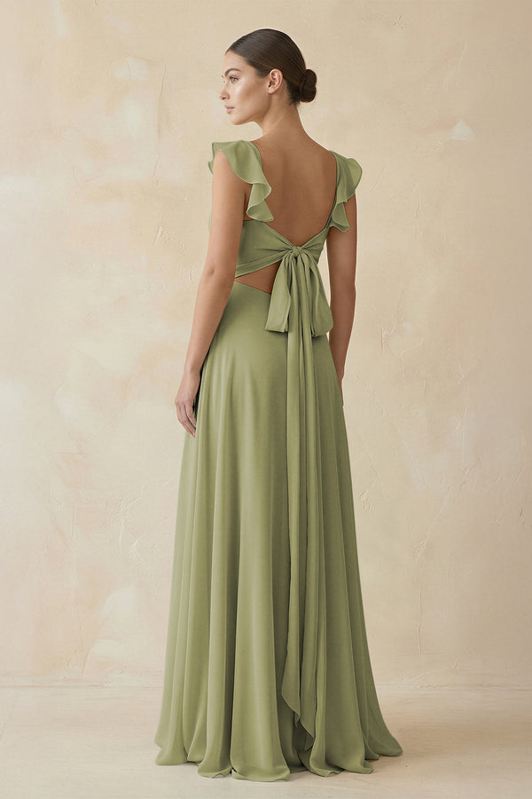 Ruffled Chiffon A - Line Long Bridesmaid Dress in Moss Green - SHE IS ME