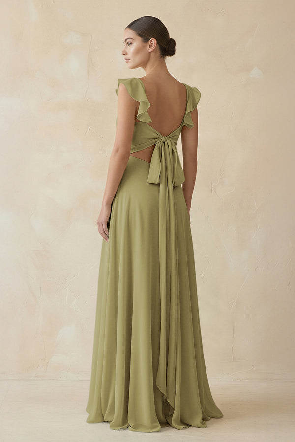 Ruffled Chiffon A-Line Long Bridesmaid Dress in Moss Green (2) | KISSBRIDAL