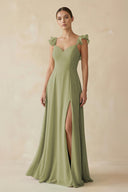 Ruffled Chiffon A - Line Long Bridesmaid Dress in Moss Green - SHE IS ME