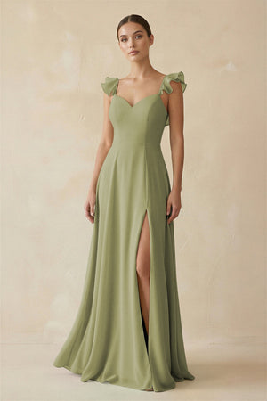 Ruffled Chiffon A - Line Long Bridesmaid Dress in Moss Green - SHE IS ME