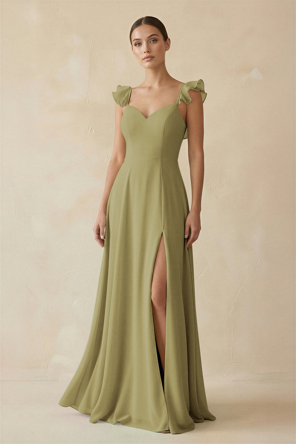 Ruffled Chiffon A-Line Long Bridesmaid Dress in Moss Green