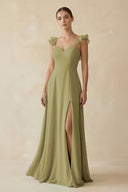 Ruffled Chiffon A-Line Long Bridesmaid Dress in Moss Green | KISSBRIDAL