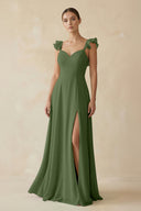 Ruffled Chiffon A-Line Long Bridesmaid Dress in Moss | KISSBRIDAL