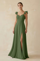 Ruffled Chiffon A-Line Long Bridesmaid Dress in Moss | KISSBRIDAL