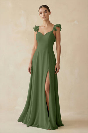 Ruffled Chiffon A-Line Long Bridesmaid Dress in Moss | KISSBRIDAL