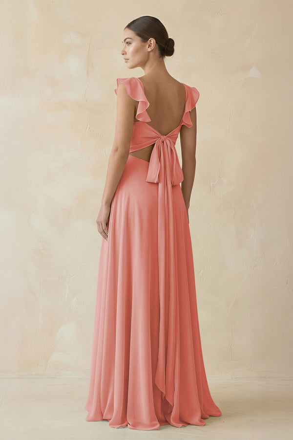 Ruffled Chiffon A - Line Long Bridesmaid Dress in Mulberry - SHE IS ME