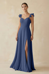 Ruffled Chiffon A - Line Long Bridesmaid Dress in Navy - KISS BRIDAL