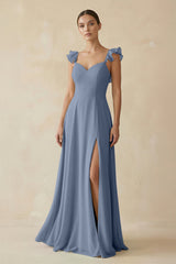 Ruffled Chiffon A - Line Long Bridesmaid Dress in Neptune - KISS BRIDAL