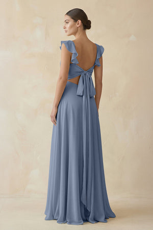 Ruffled Chiffon A - Line Long Bridesmaid Dress in Neptune - SHE IS ME