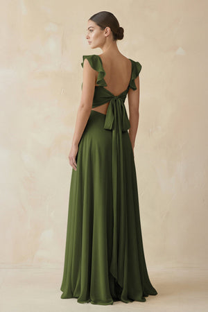 Ruffled Chiffon A - Line Long Bridesmaid Dress in Olive - SHE IS ME