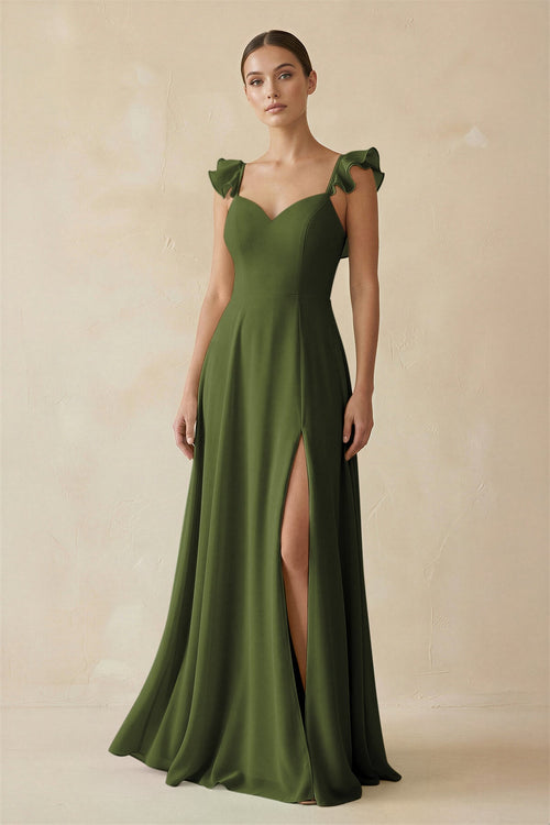 Ruffled Chiffon A - Line Long Bridesmaid Dress in Olive - SHE IS ME