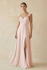 Ruffled Chiffon A - Line Long Bridesmaid Dress in Pale Blush - KISS BRIDAL
