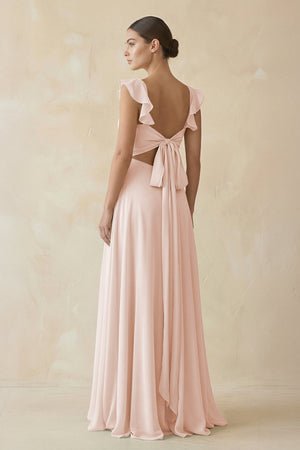 Ruffled Chiffon A - Line Long Bridesmaid Dress in Pale Blush - SHE IS ME