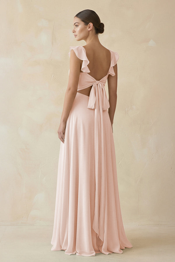 Ruffled Chiffon A - Line Long Bridesmaid Dress in Pale Blush - SHE IS ME