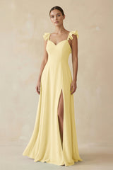 Ruffled Chiffon A - Line Long Bridesmaid Dress in Pastel Yellow - KISS BRIDAL