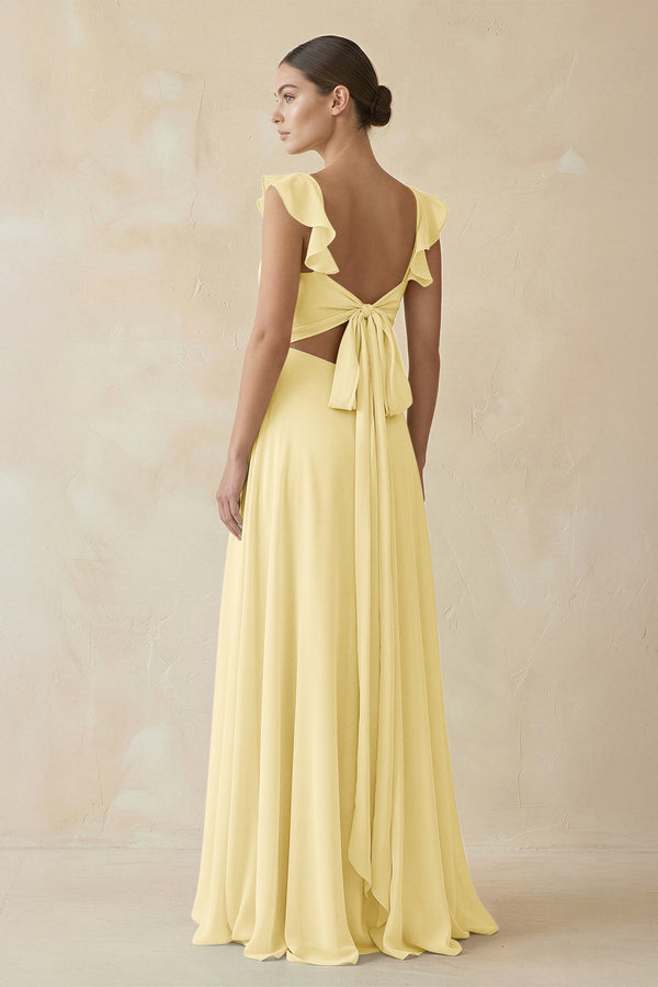 Ruffled Chiffon A - Line Long Bridesmaid Dress in Pastel Yellow - SHE IS ME