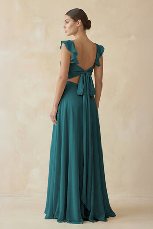 Ruffled Chiffon A - Line Long Bridesmaid Dress in Pine - SHE IS ME