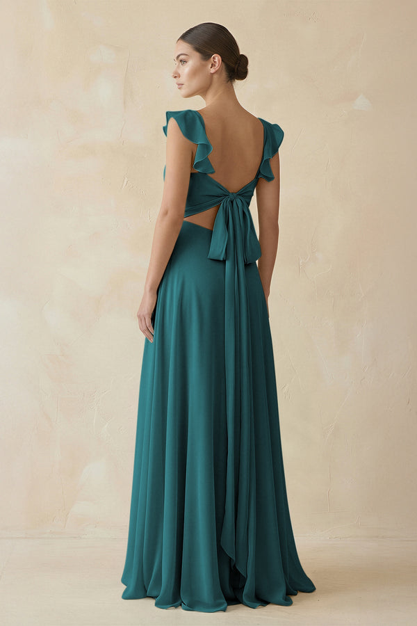 Ruffled Chiffon A - Line Long Bridesmaid Dress in Pine - SHE IS ME