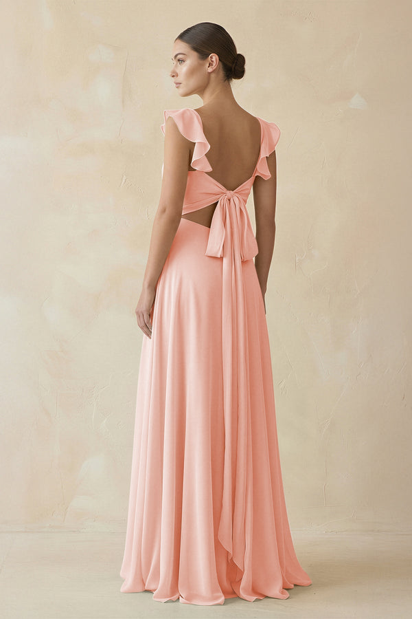 Ruffled Chiffon A - Line Long Bridesmaid Dress in Rose Petal - SHE IS ME