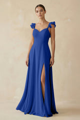Ruffled Chiffon A - Line Long Bridesmaid Dress in Royal Blue - KISS BRIDAL
