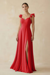 Ruffled Chiffon A - Line Long Bridesmaid Dress in Ruby Red - KISS BRIDAL