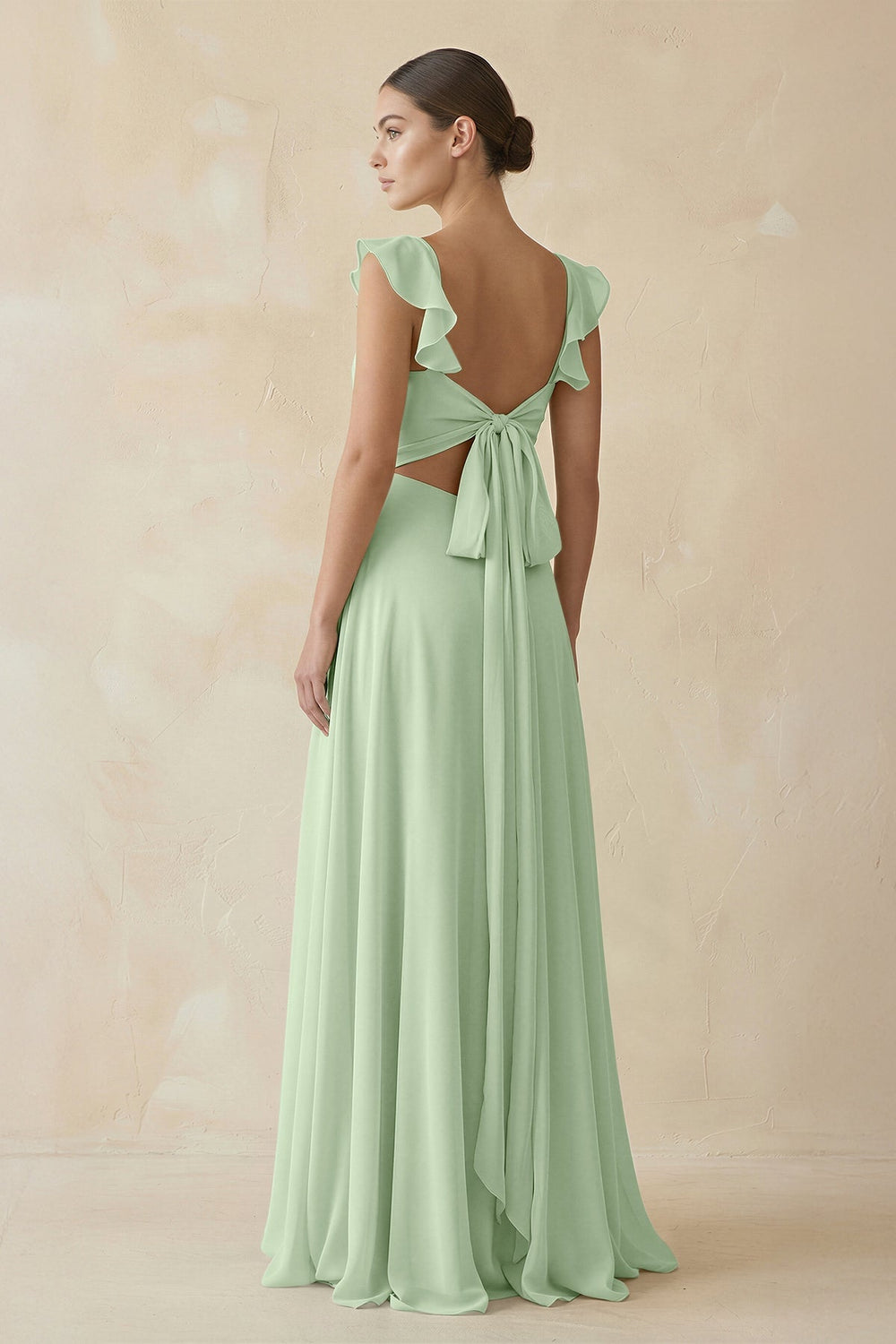 Ruffled Chiffon A - Line Long Bridesmaid Dress in Sage - SHE IS ME