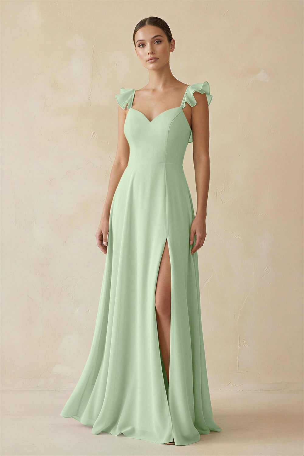Ruffled Chiffon A - Line Long Bridesmaid Dress in Sage - SHE IS ME
