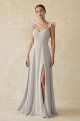 Ruffled Chiffon A - Line Long Bridesmaid Dress in Silver - KISS BRIDAL