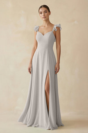 Ruffled Chiffon A - Line Long Bridesmaid Dress in Silver - SHE IS ME