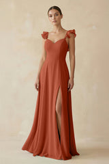 Ruffled Chiffon A - Line Long Bridesmaid Dress in Spice - KISS BRIDAL