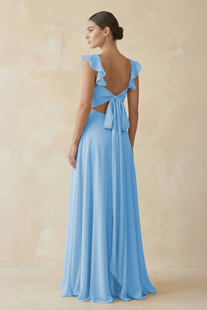 Ruffled Chiffon A - Line Long Bridesmaid Dress in Steel Blue - SHE IS ME