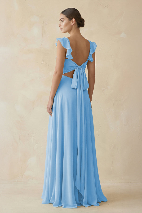 Ruffled Chiffon A - Line Long Bridesmaid Dress in Steel Blue - SHE IS ME
