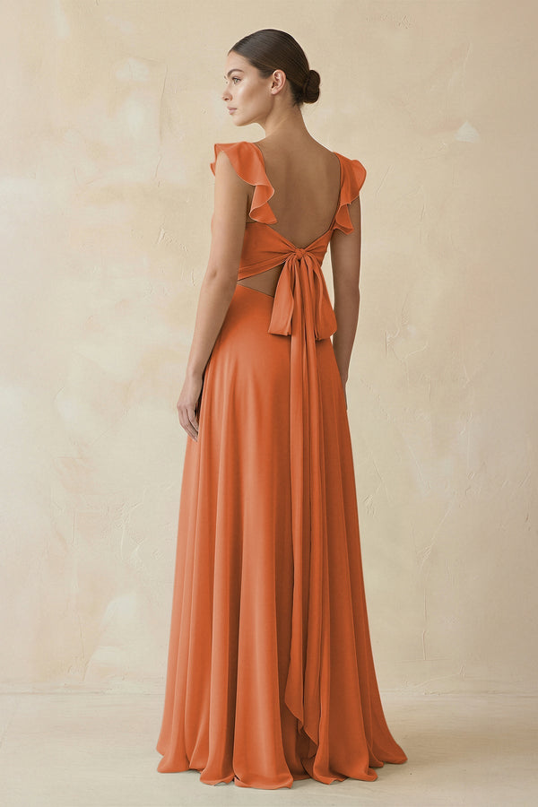 Ruffled Chiffon A-Line Long Bridesmaid Dress in Terracotta