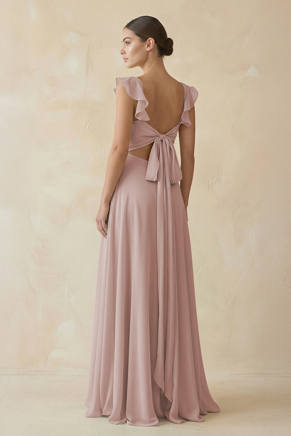 Ruffled Chiffon A-Line Long Bridesmaid Dress in Toffee