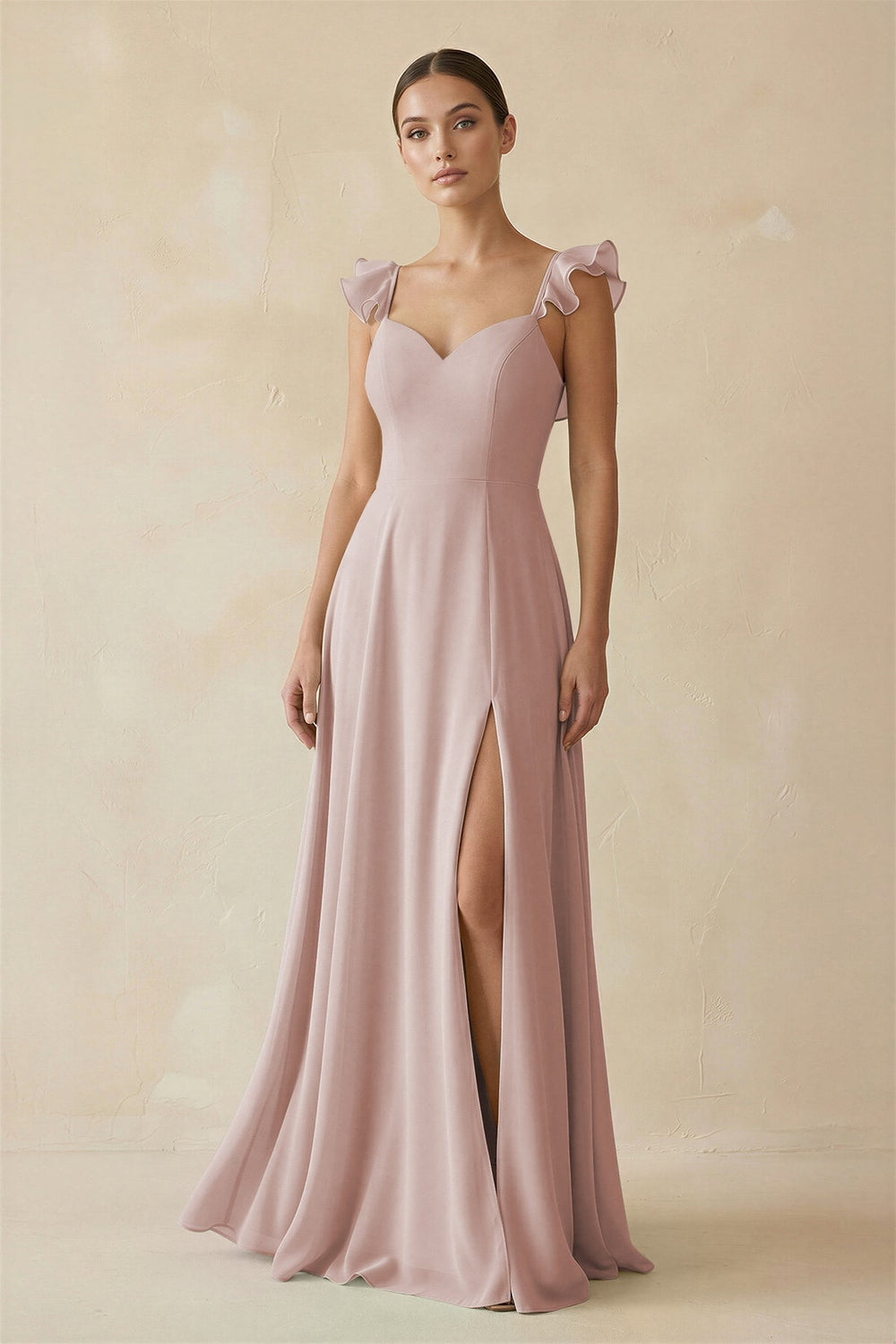 Ruffled Chiffon A - Line Long Bridesmaid Dress in Toffee - SHE IS ME