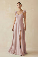 Ruffled Chiffon A - Line Long Bridesmaid Dress in Toffee - SHE IS ME