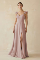 Ruffled Chiffon A-Line Long Bridesmaid Dress in Toffee | KISSBRIDAL