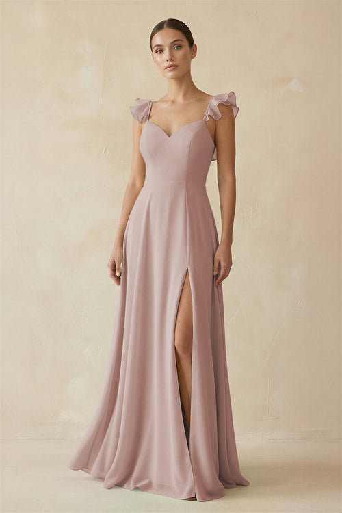 Ruffled Chiffon A-Line Long Bridesmaid Dress in Toffee | KISSBRIDAL
