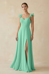 Ruffled Chiffon A - Line Long Bridesmaid Dress in Turquoise - KISS BRIDAL