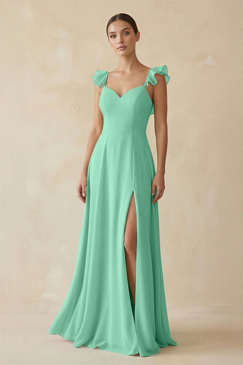 Ruffled Chiffon A - Line Long Bridesmaid Dress in Turquoise - SHE IS ME