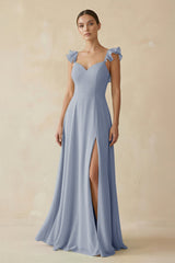 Ruffled Chiffon A - Line Long Bridesmaid Dress in Twilight - KISS BRIDAL