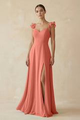 Ruffled Chiffon A - Line Long Bridesmaid Dress in Wild Rose - KISS BRIDAL