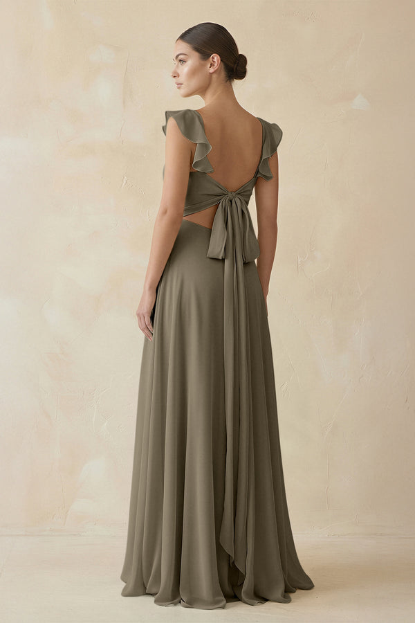 Ruffled Chiffon A - Line Long Bridesmaid Dress in Willow Green - SHE IS ME