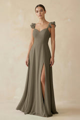 Ruffled Chiffon A - Line Long Bridesmaid Dress in Willow Green - KISS BRIDAL