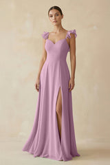 Ruffled Chiffon A - Line Long Bridesmaid Dress in Wisteria - KISS BRIDAL